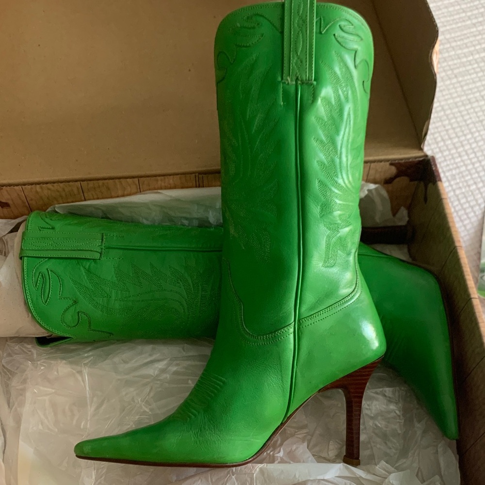 Vibrant Apple Green Charlie Horse Leather Heeled Boots